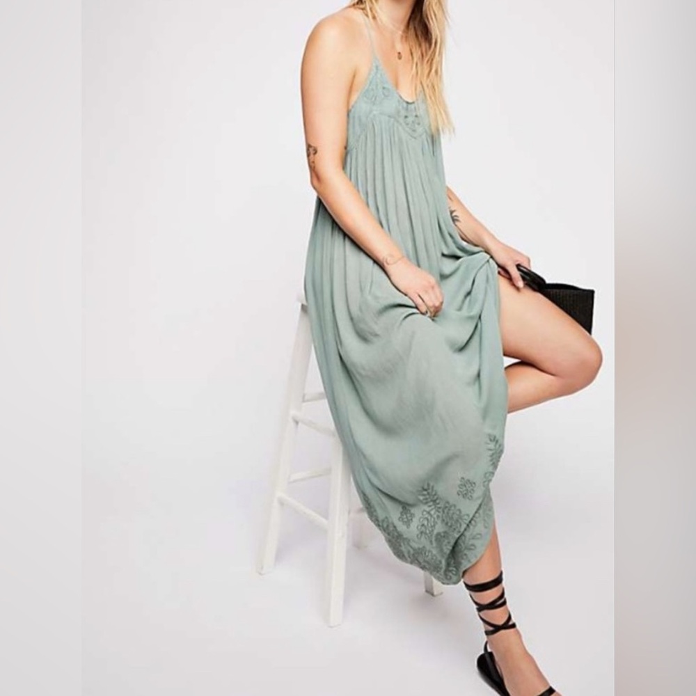 ⭐️Free People Embroidered Elaine Maxi Slip/Dress in Jade